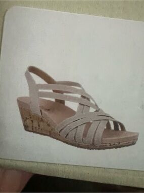 Life Stride Beige/Tan Strappy Cork Wedge Sandals